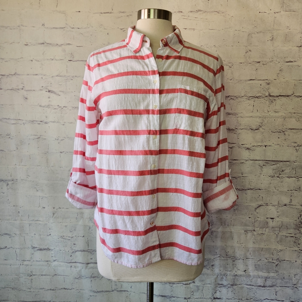 Love Stitch Light Woven Cotton Coral Pink Red Striped Shirt Medium